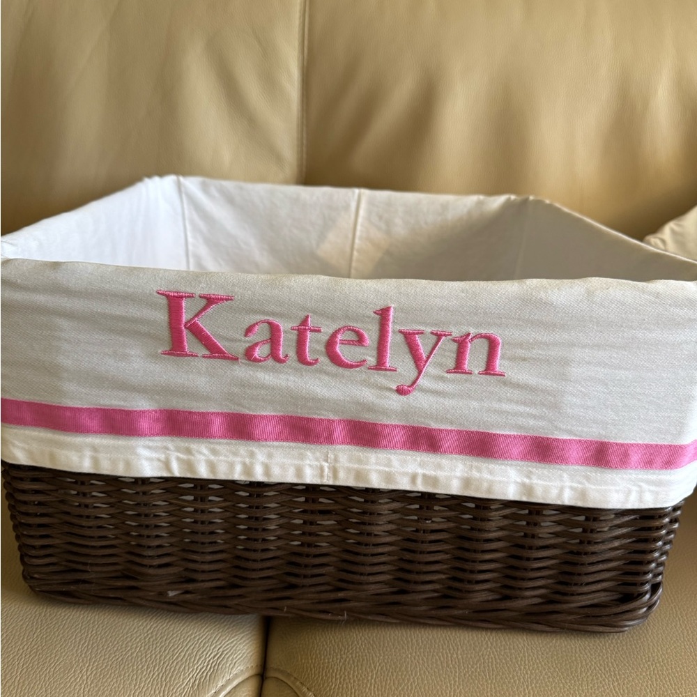 Pottery Barn Kids Wicker Sabrina Basket with Pink and White liner. “Katelyn”